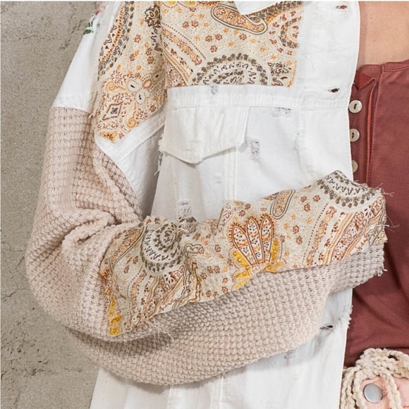 POL Shacket Oversized Thermal Sleeve Patch Embroidered Distressed Floral Paisley - Picture 7 of 16